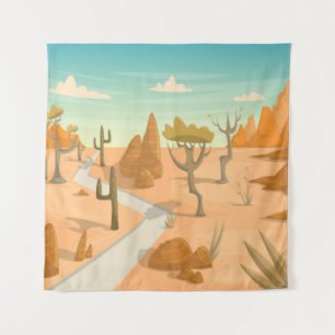 Wüstenstraßenlandschaft: Cartoon Vintage. Wandteppich