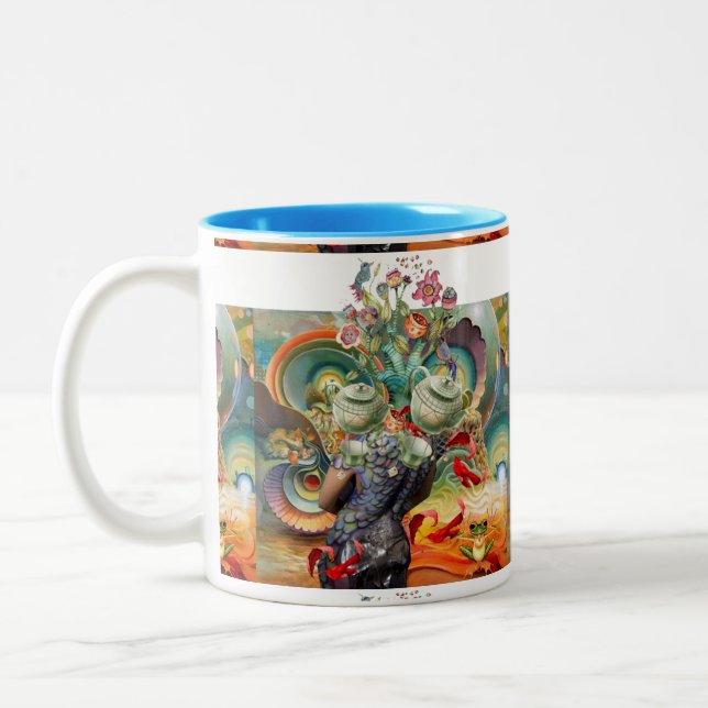 Wütende Hutmachertee-Partycollage Zweifarbige Tasse (Links)