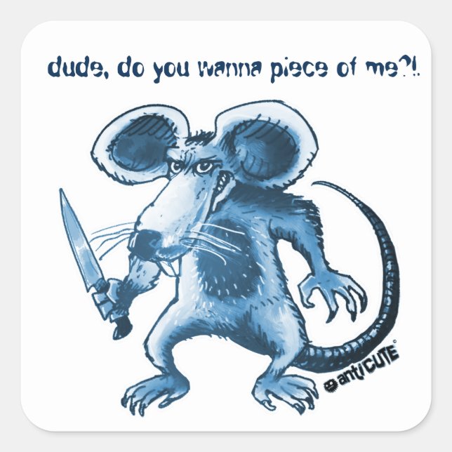 wütende Ratte mit Messerblau Quadratischer Aufkleber (Vorderseite)