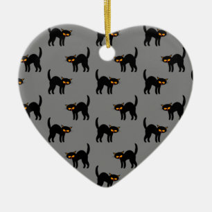 Wütende schwarze Katze gelbe Augen grau Halloween- Keramik Ornament