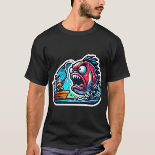 Wütender Cartoon-Fisch, der den Fischer anschreit T-Shirt