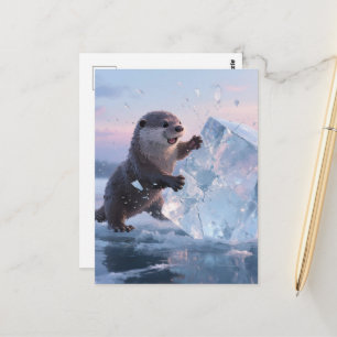 Wütender niedlicher Otter, der einen Eisblock zerb Postkarte