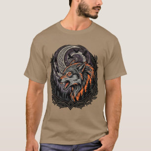 Wütender Nordischer Wolf Mond Rabe Wikinger Kunst  T-Shirt