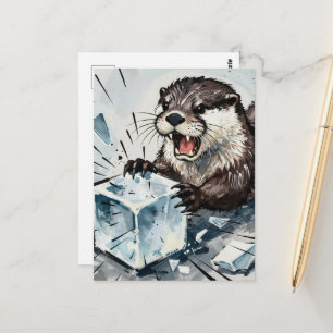 Wütender Otter, der einen Eisblock zerbricht Postkarte