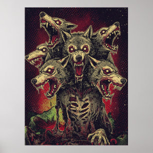 Wütendes dreiköpfiges Werwolf-Monster Poster