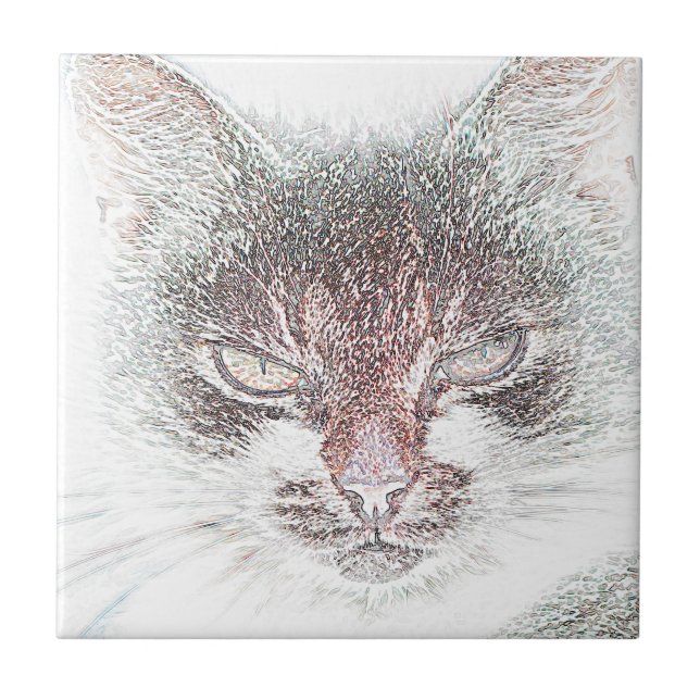 Wütendes süßes Katzen-Gesicht-Skizze Fliese (Vorderseite)