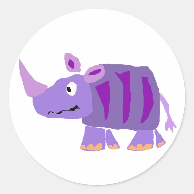 WW- Funky Lila Rhino Primitive Art Cartoon Runder Aufkleber (Vorderseite)