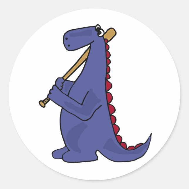 WX- Blue Dinosaurier Playing Baseball Cartoon Runder Aufkleber (Vorderseite)