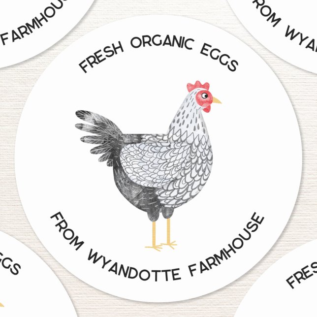 Wyandotte Chicken Frische Bio Eierfarm Runder Aufkleber (Fresh Organic Eggs custom text farm stickers featuring a watercolor painting of a Wyandotte chicken )