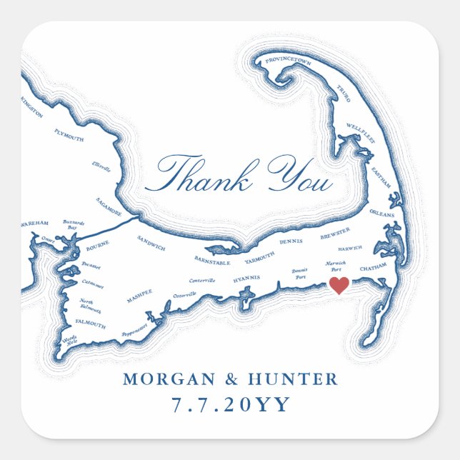 Wychmere Cape Cod Map Danke Gastgeschenk Hochzeit Quadratischer Aufkleber (Vorderseite)