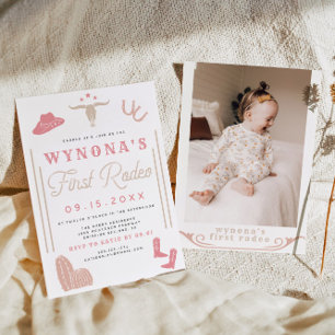 WYNONA Blush First Rodeo Cowgirl Foto Geburtstag Einladung