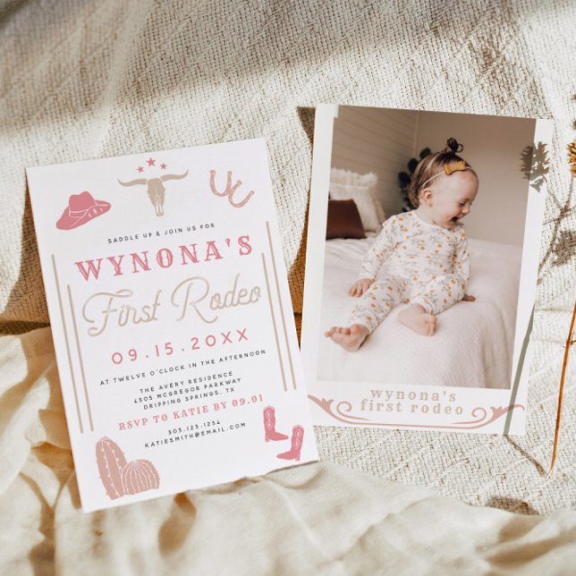 WYNONA Blush First Rodeo Cowgirl Foto Geburtstag Einladung (Von Creator hochgeladen)