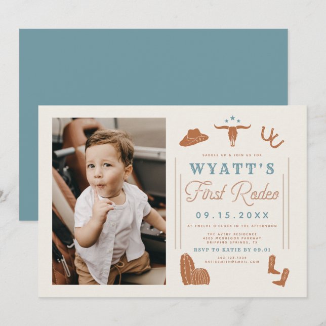 WYNONA Burnt Orange Blue Cowboy 1. Rodeo Geburtsta Einladung (Vorne/Hinten)