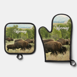 Wyoming Bison Natur Tierfotografie Ofenhandschuh & Topflappen-Set