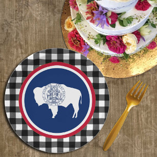 Wyoming Plate, Büffel kariert USA & Wyoming Flag Pappteller