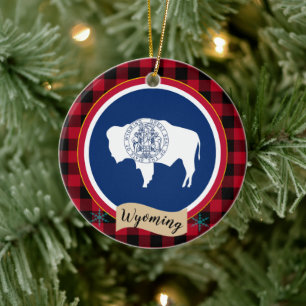 Wyoming, Red Buffalo kariert & Wyoming Flag, USA Keramik Ornament