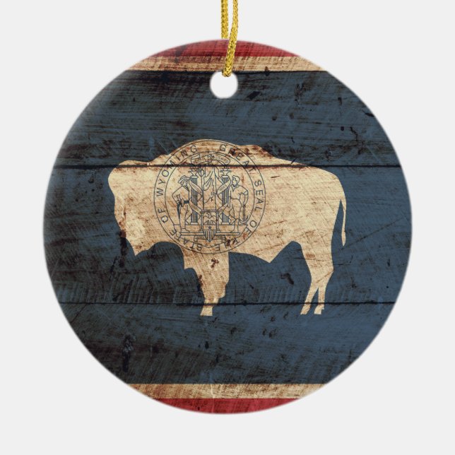 Wyoming State Flag auf altes Holzkörnchen Keramik Ornament (Vorne)