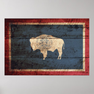Wyoming State Flag auf altes Holzkörnchen Poster