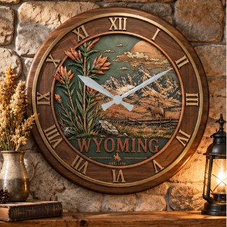 Wyoming State Map 3D Relief Wood Große Wanduhr