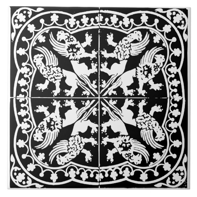 Wyvern Griffin Beast Medieval Black White Antique Fliese (Vorderseite)