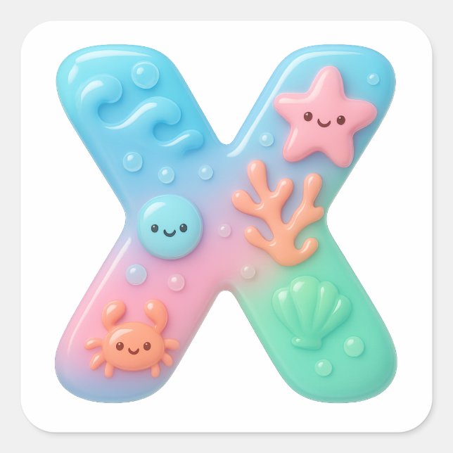 "X" Cute Letter - Underwater Sea Creature  Quadratischer Aufkleber (Vorderseite)
