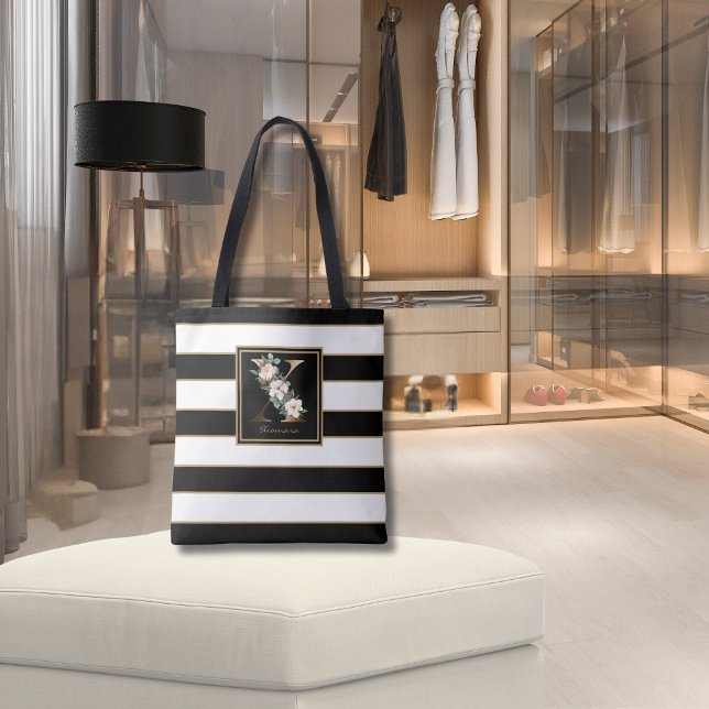 X Gold Floral Monogram | Schwarz-weiße Streifen Tasche (Von Creator hochgeladen)