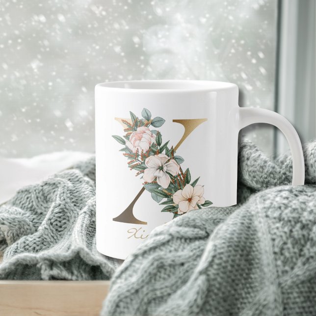 X Letter Gold Monogram White Blush Orange Floral Jumbo-Tasse (Von Creator hochgeladen)