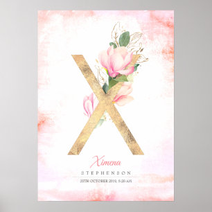 X Letter Monogram Gold Blätter Pink Magnolia Flora Poster