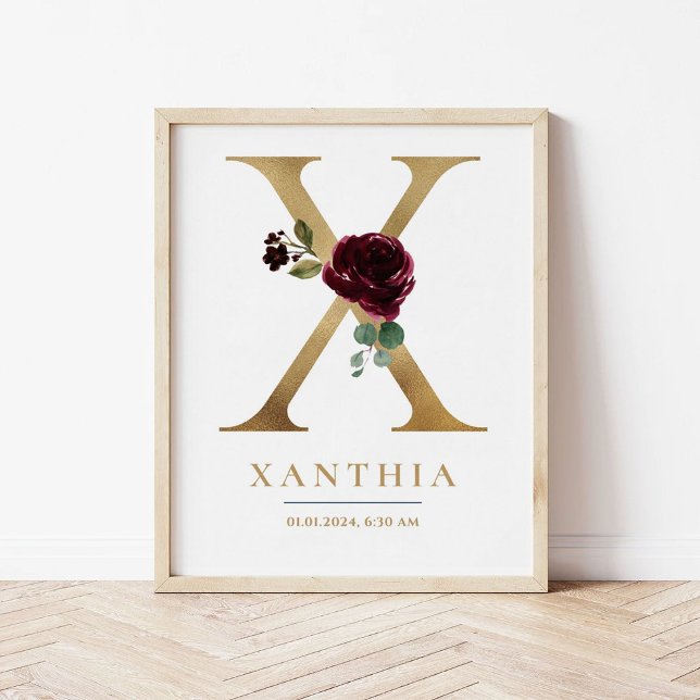 X Letter Monogram Name Marsala Floral Kinderzimmer Poster (Von Creator hochgeladen)