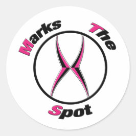 X markiert den Punkt Runder Aufkleber