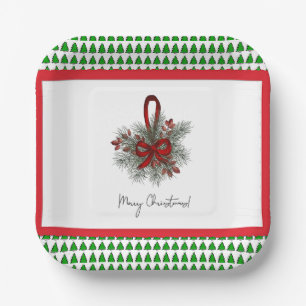 x-Mas Pine & Red Ribbon mit Baumgrenze Papierplatt Pappteller