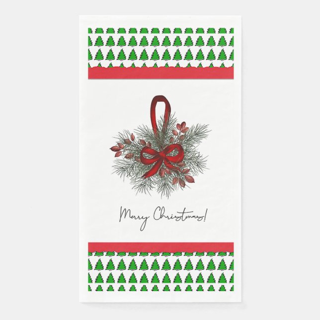 X-Mas Pine & Red Ribbon mit Baumgrenze Serviette (Vorderseite)
