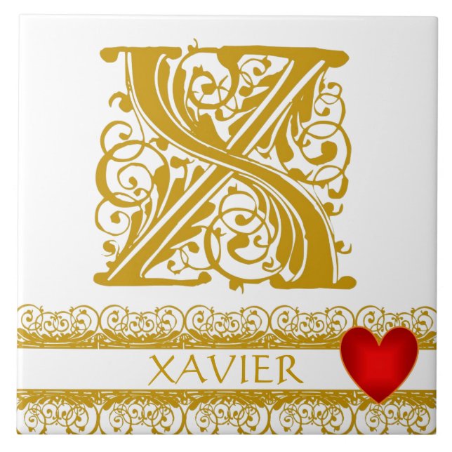 X Monogram Name Gold Lace Red Heft Template Tile Fliese (Vorderseite)