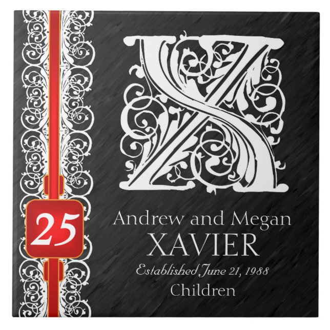 X Monogram "White Lace on Black" Anniversary Tile Fliese (Vorderseite)