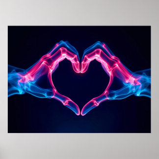 X-Ray der Hände in Herzform - Neon Pink und Blau Poster