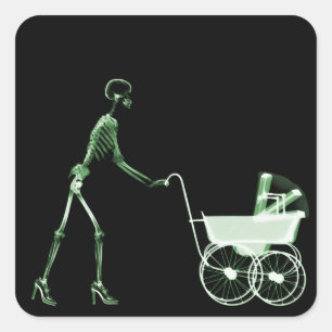 X-RAY SKELETON FRAU & BABY CARRIAGE - GRÜNE QUADRATISCHER AUFKLEBER