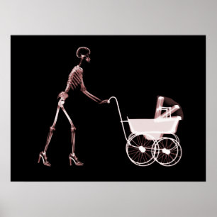 X-RAY SKELETON FRAU & BABY CARRIAGE - RED POSTER