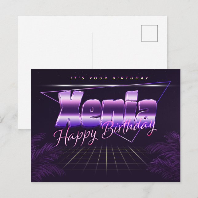 Xenia Name Vorname lila Postkarte Geburtstag (Vorne/Hinten)