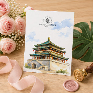 Xi'an Glockenturm China, Aquarell-Reiseandenken Postkarte