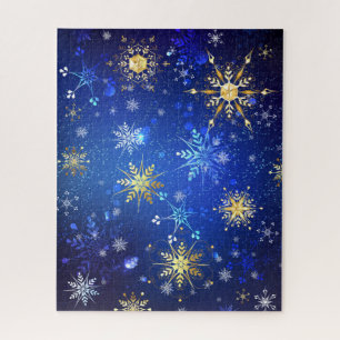 XMAS Blue Background mit goldenen Schneeflocken