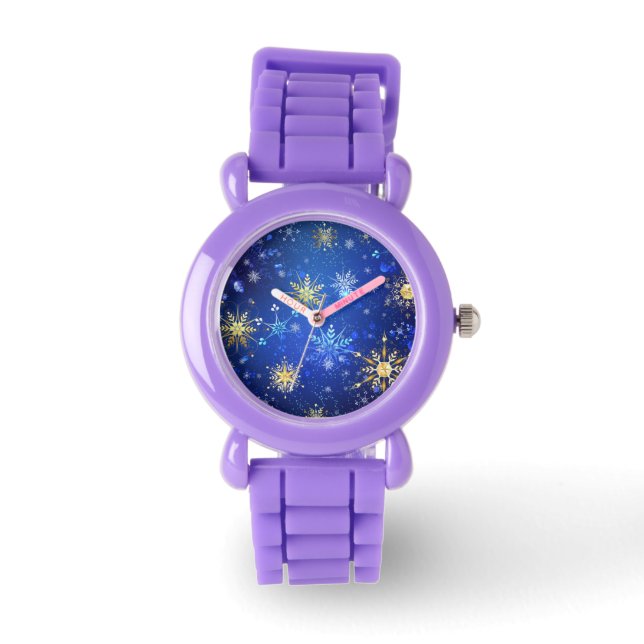 XMAS Blue Background mit goldenen Schneeflocken Armbanduhr (Vorderseite)