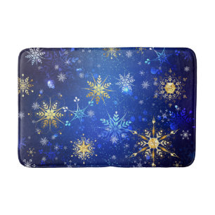 XMAS Blue Background mit goldenen Schneeflocken Badematte