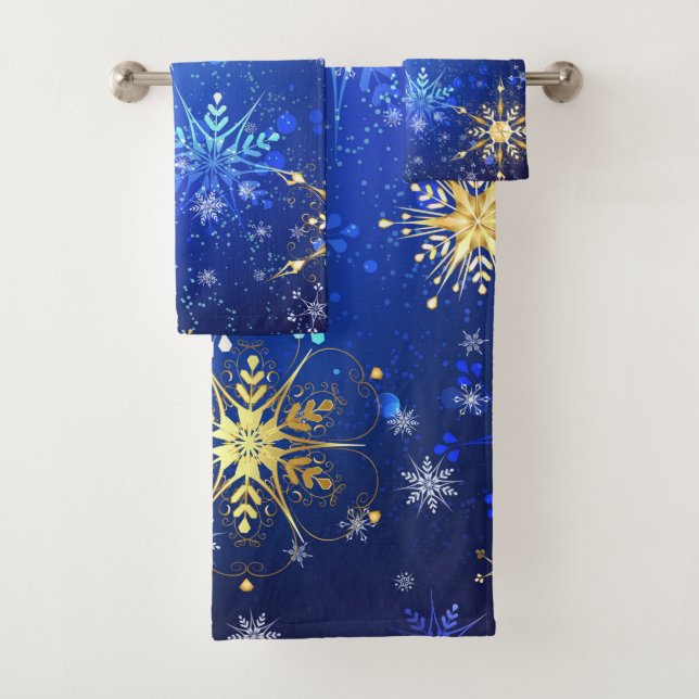 XMAS Blue Background mit goldenen Schneeflocken Badhandtuch Set (Insitu)