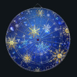 XMAS Blue Background mit goldenen Schneeflocken Dartscheibe<br><div class="desc">Blauer Weihnachtsgebirge mit goldenen und weißen Schneeflocken. Goldene Schneeflocken. XMAS.</div>