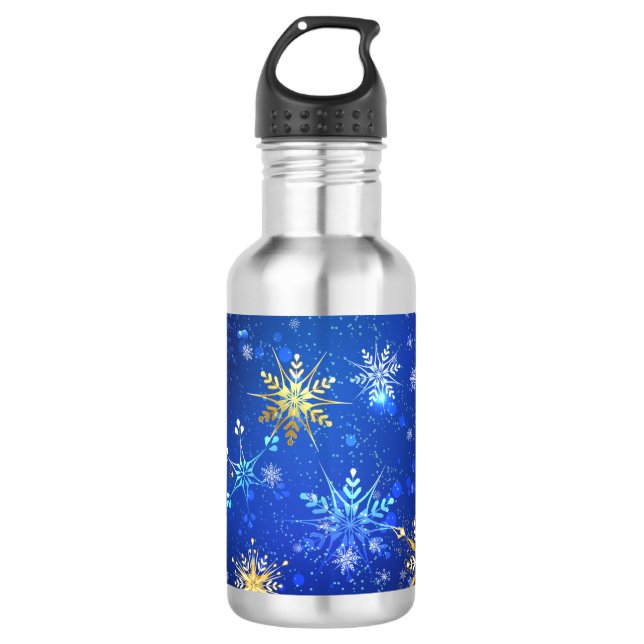 XMAS Blue Background mit goldenen Schneeflocken Edelstahlflasche (Vorderseite)