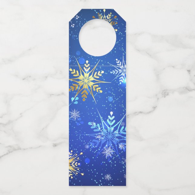 XMAS Blue Background mit goldenen Schneeflocken Flaschenanhänger (Vorderseite)