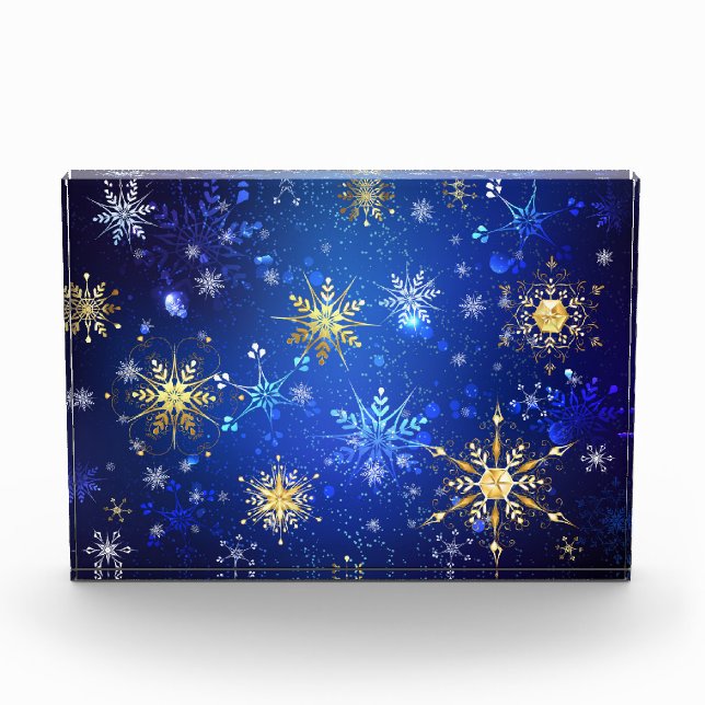 XMAS Blue Background mit goldenen Schneeflocken Fotoblock (Vorderseite)