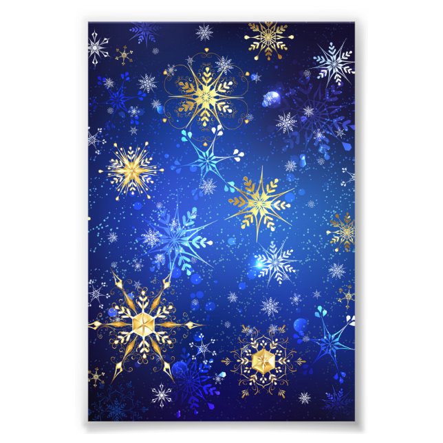 XMAS Blue Background mit goldenen Schneeflocken Fotodruck (Vorne)