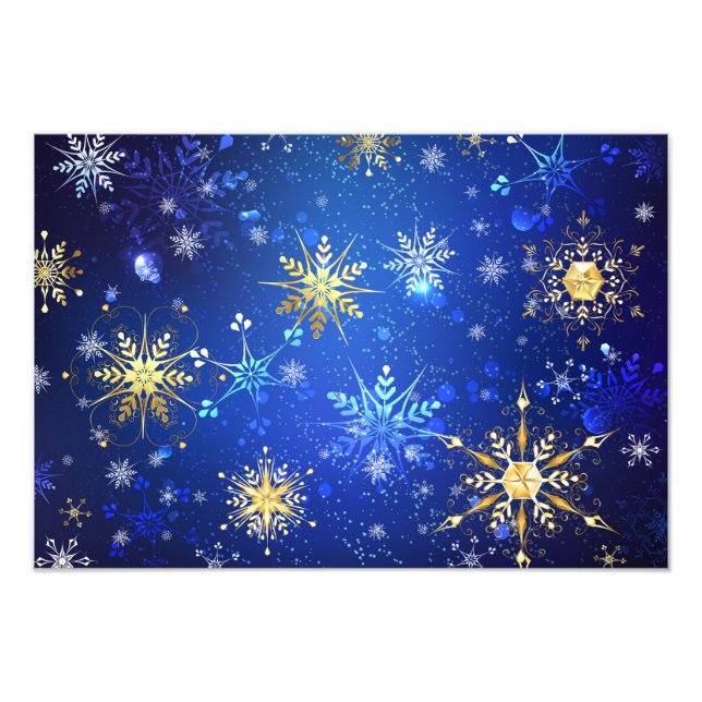 XMAS Blue Background mit goldenen Schneeflocken Fotodruck (Vorne)