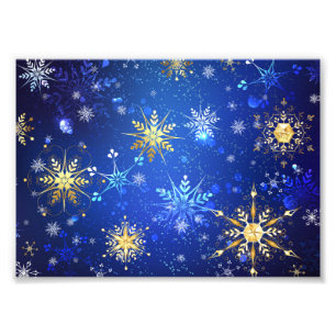 XMAS Blue Background mit goldenen Schneeflocken Fotodruck